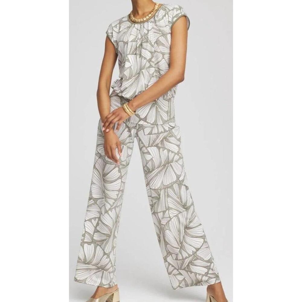 Chicos Travelers™ Abstract Leaf Print Knit Wide-Leg Pants sz M EUC
